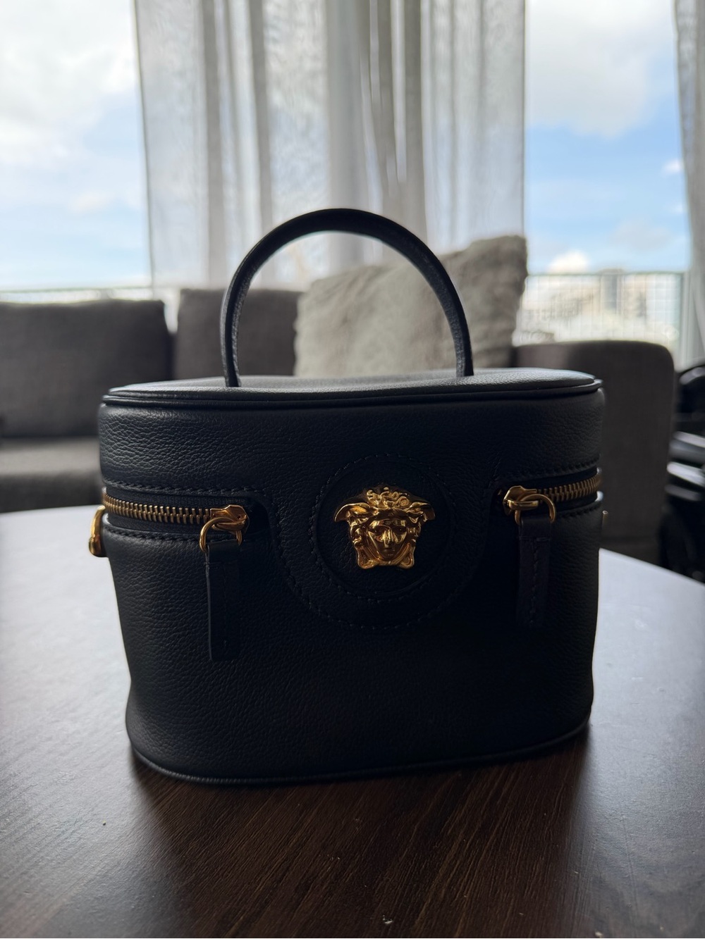 Versace Black Leather Mini Vanity Bag with Gold Medusa